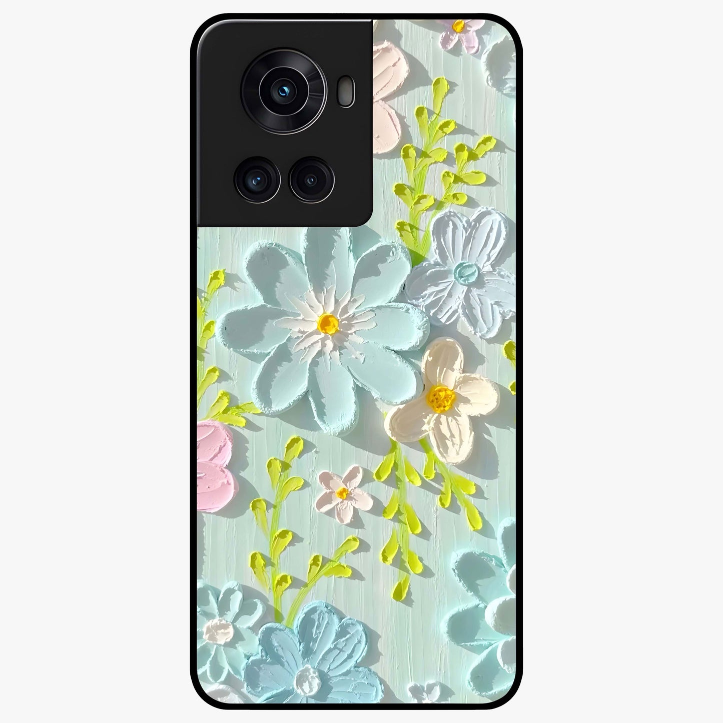 Frosted Petal Garden Glass Case for 1+10R soft front view featuring delicate floral artwork with frosted aesthetic tones
