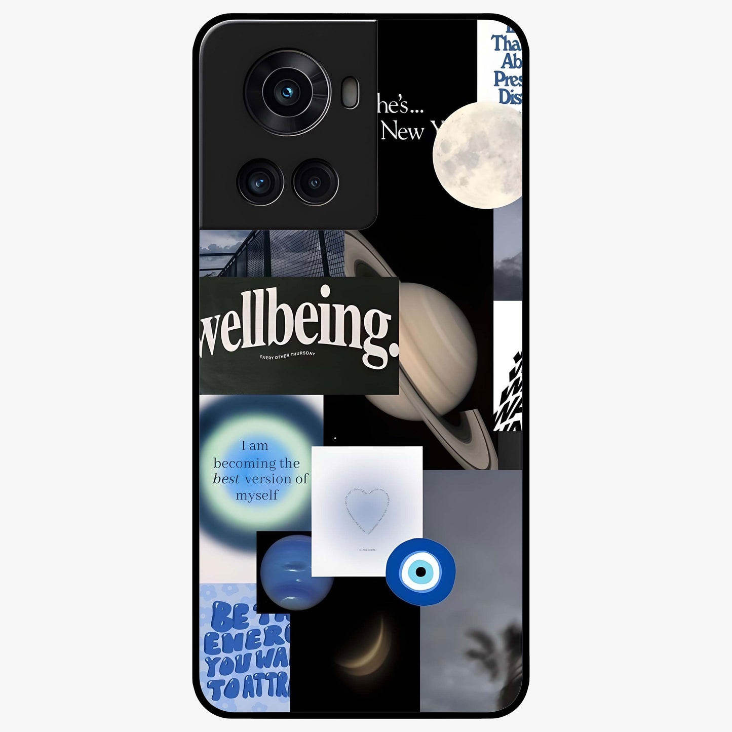 Galactic Energy Collage Glass Case for 1+10R artistic front view featuring layered cosmic collage artwork