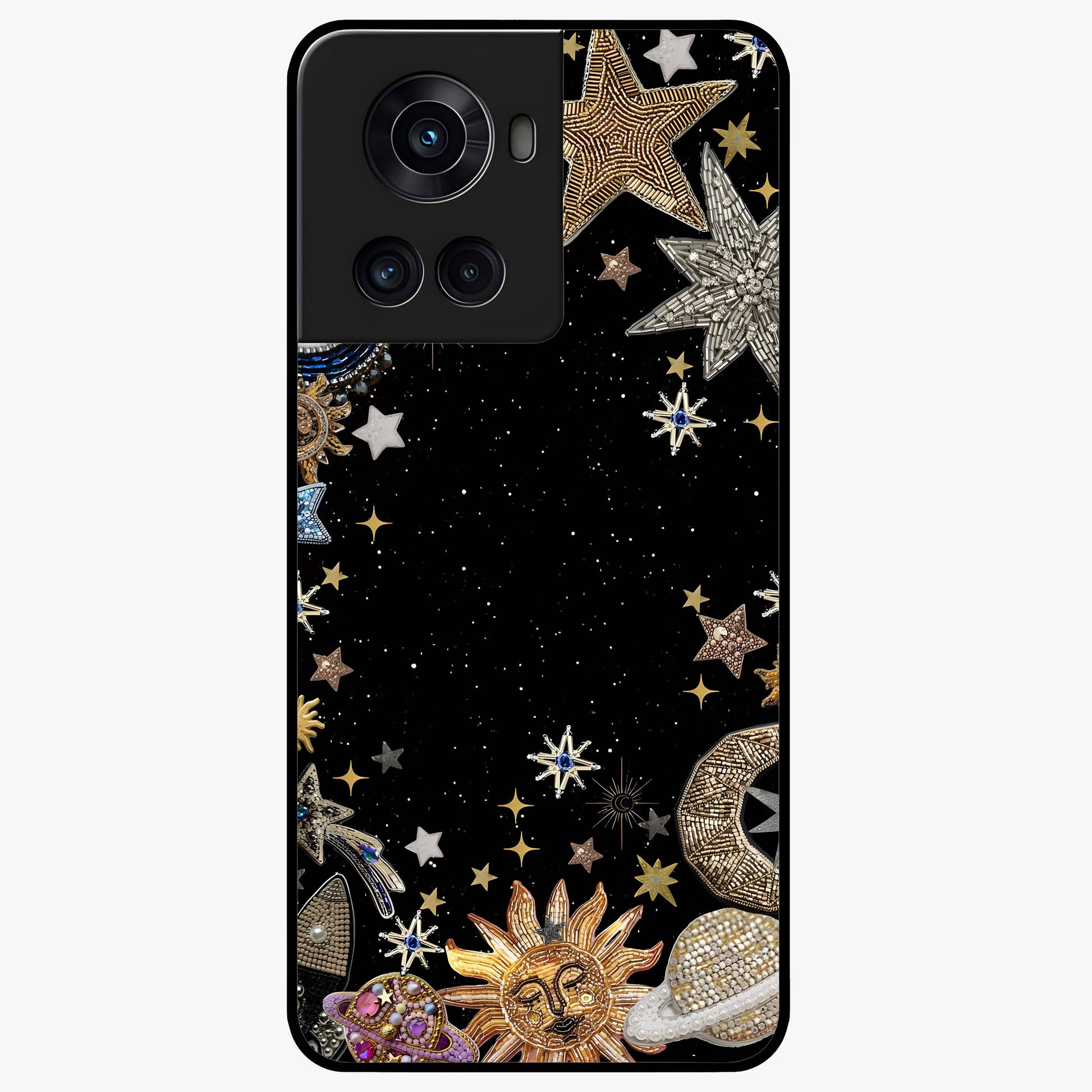 Galactic Jewel Stars Glass Case for 1+10R elegant front view featuring sparkling jewel inspired star artwork