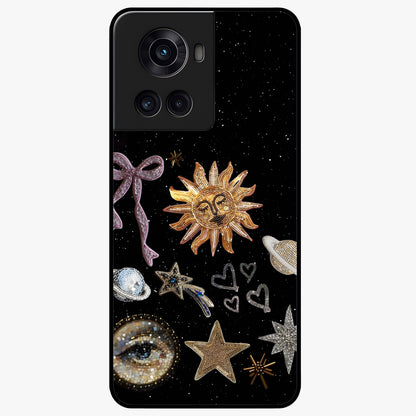 Galactic Sun Charm Glass Case for 1+10R radiant front view featuring celestial sun artwork with cosmic accents