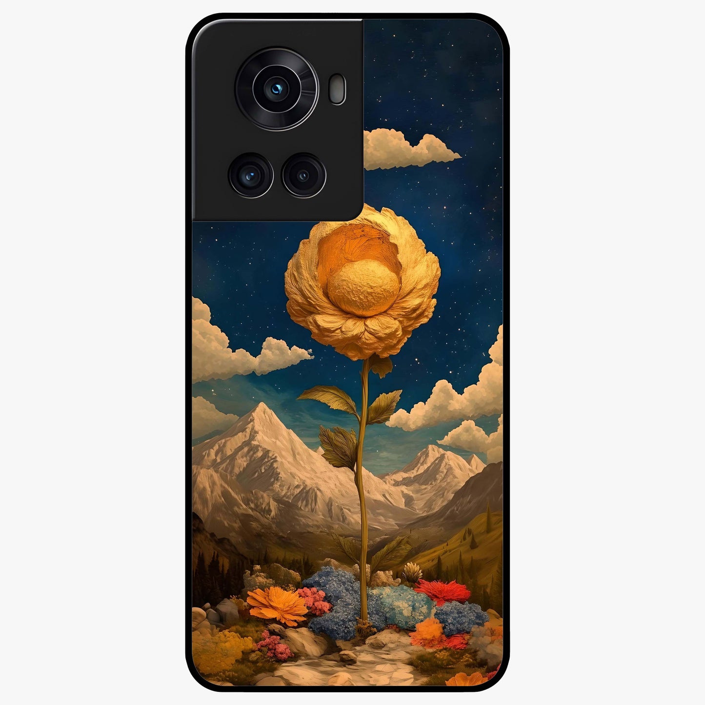 Golden Blossom Elegance Glass Case for 1+10R graceful front view featuring refined golden floral artwork
