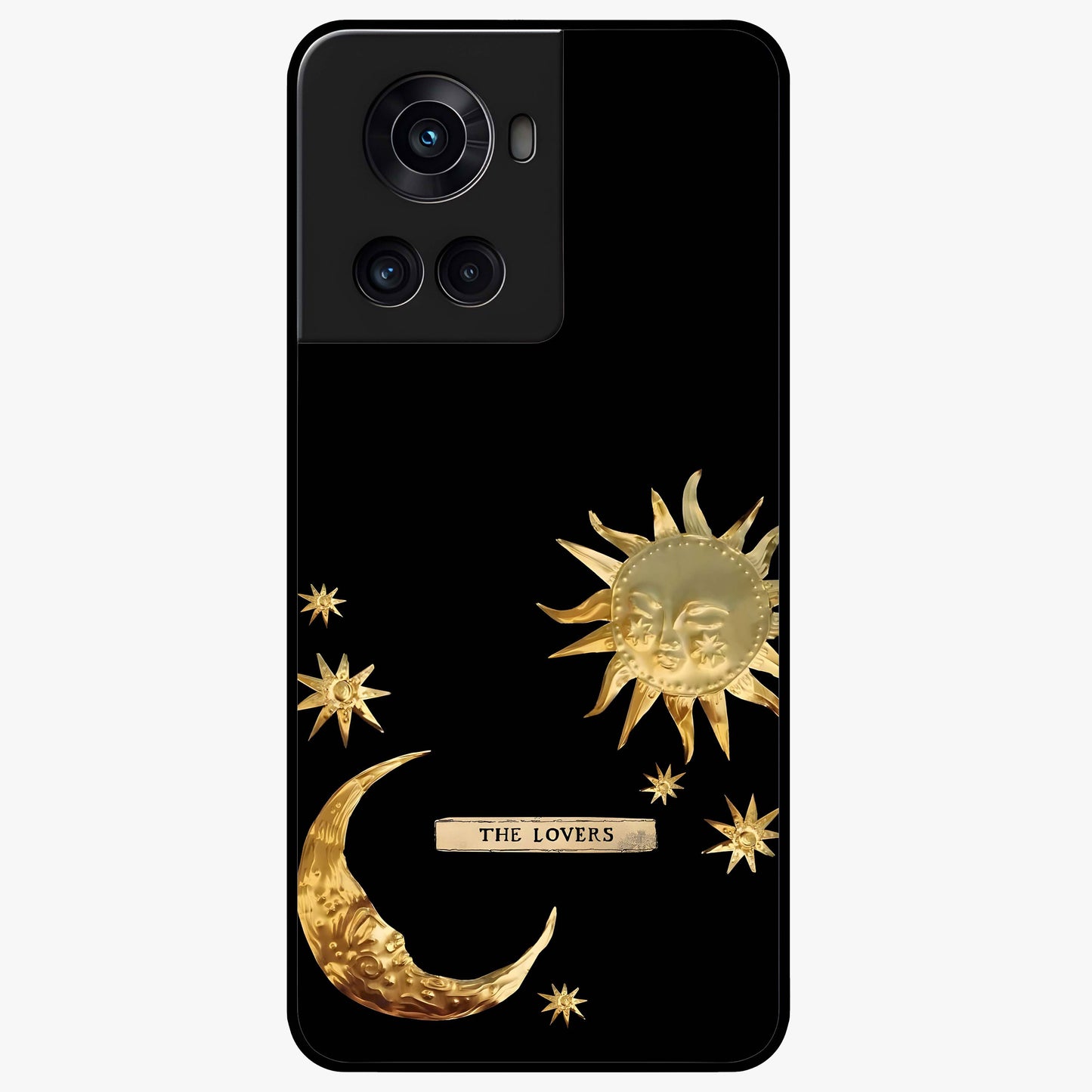 Golden Crescent Mood Glass Case for 1+10R artistic front view featuring crescent moon artwork in warm golden tones