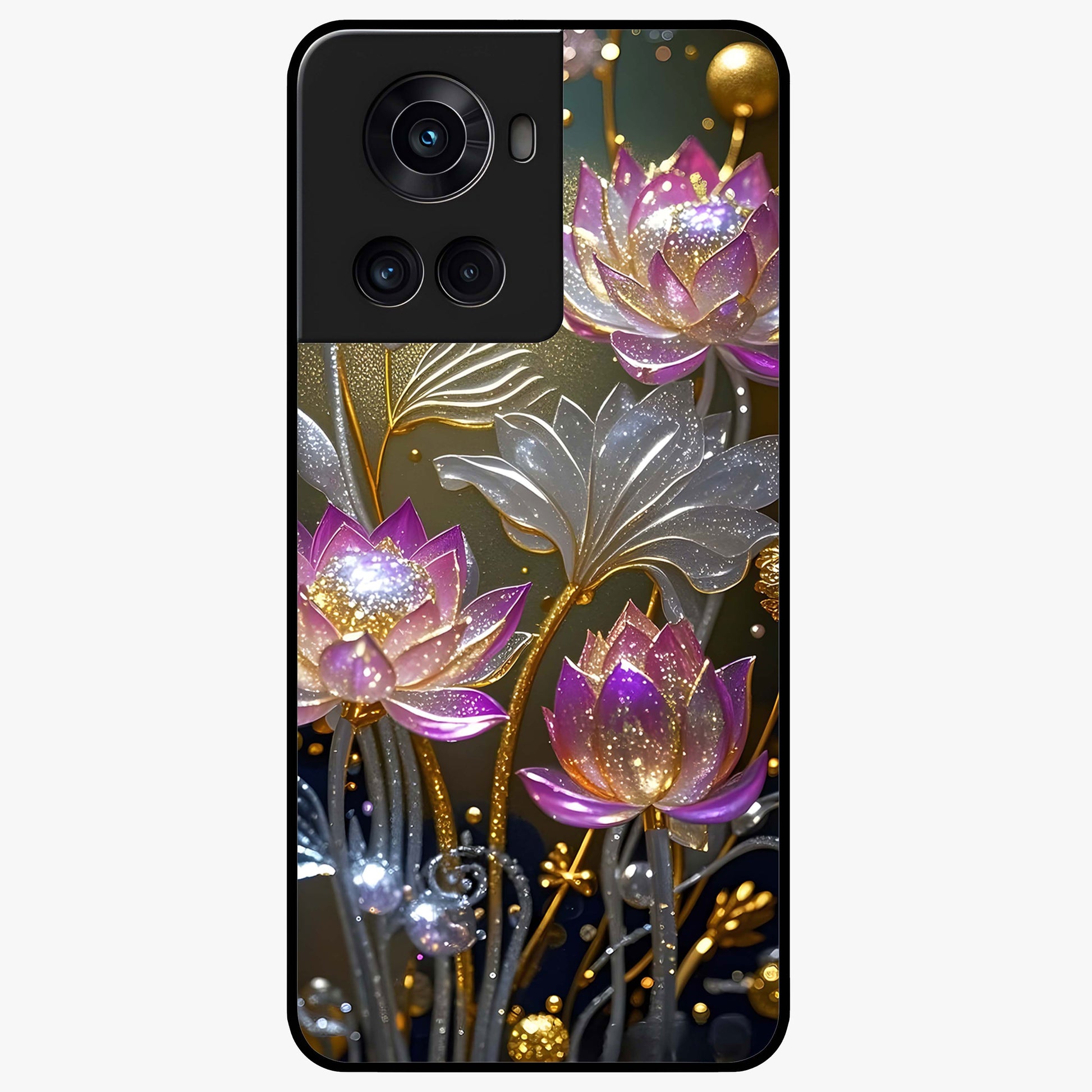 Golden Mind Moment Glass Case for 1+10R artistic front view featuring abstract golden inspired artwork