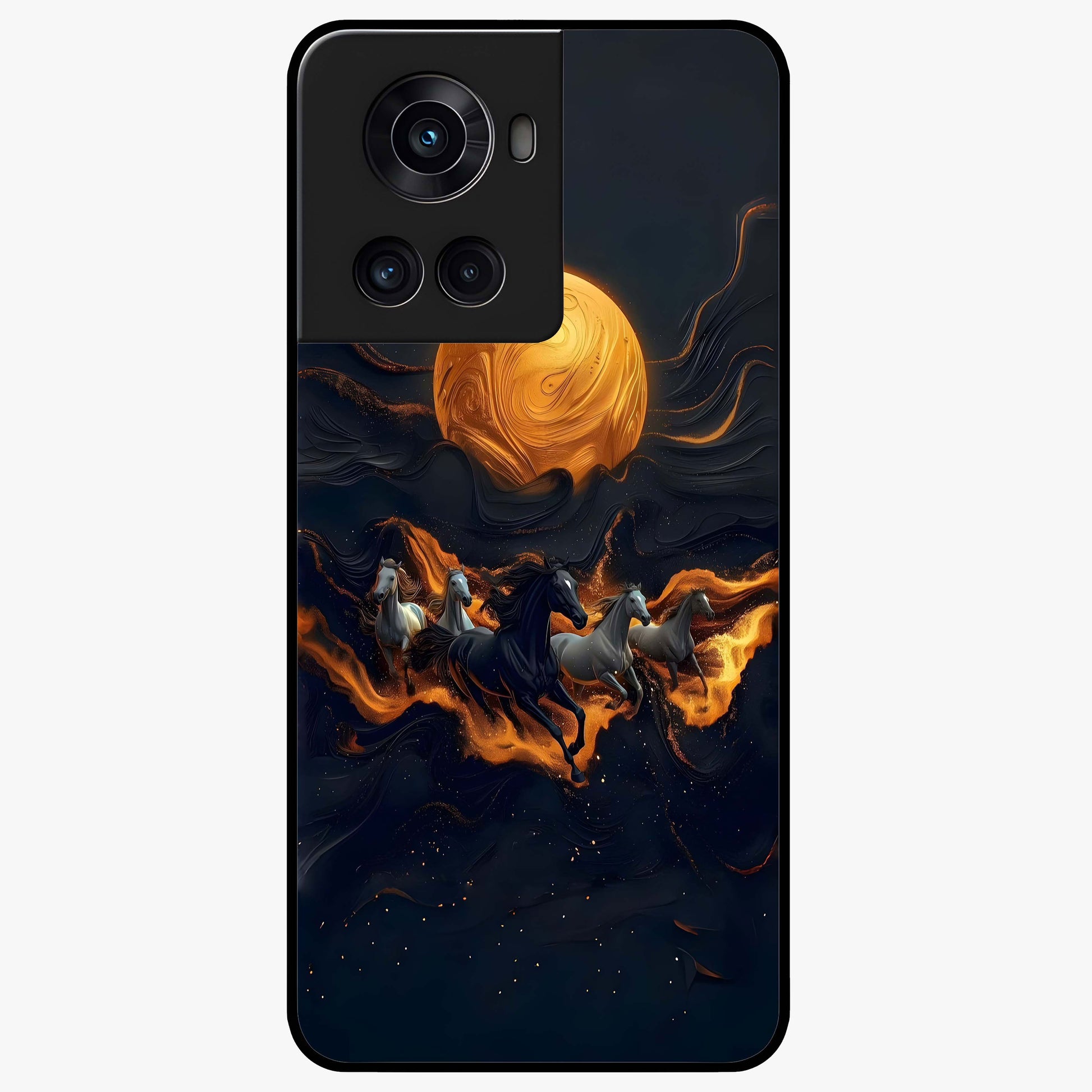Golden Sun Majesty Glass Case for 1+10R radiant front view featuring majestic sun artwork in golden hues