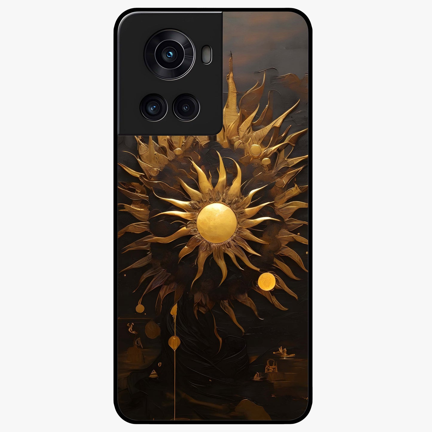 Golden Sun Minimalism Glass Case for 1+10R clean front view featuring minimalist golden sun artwork