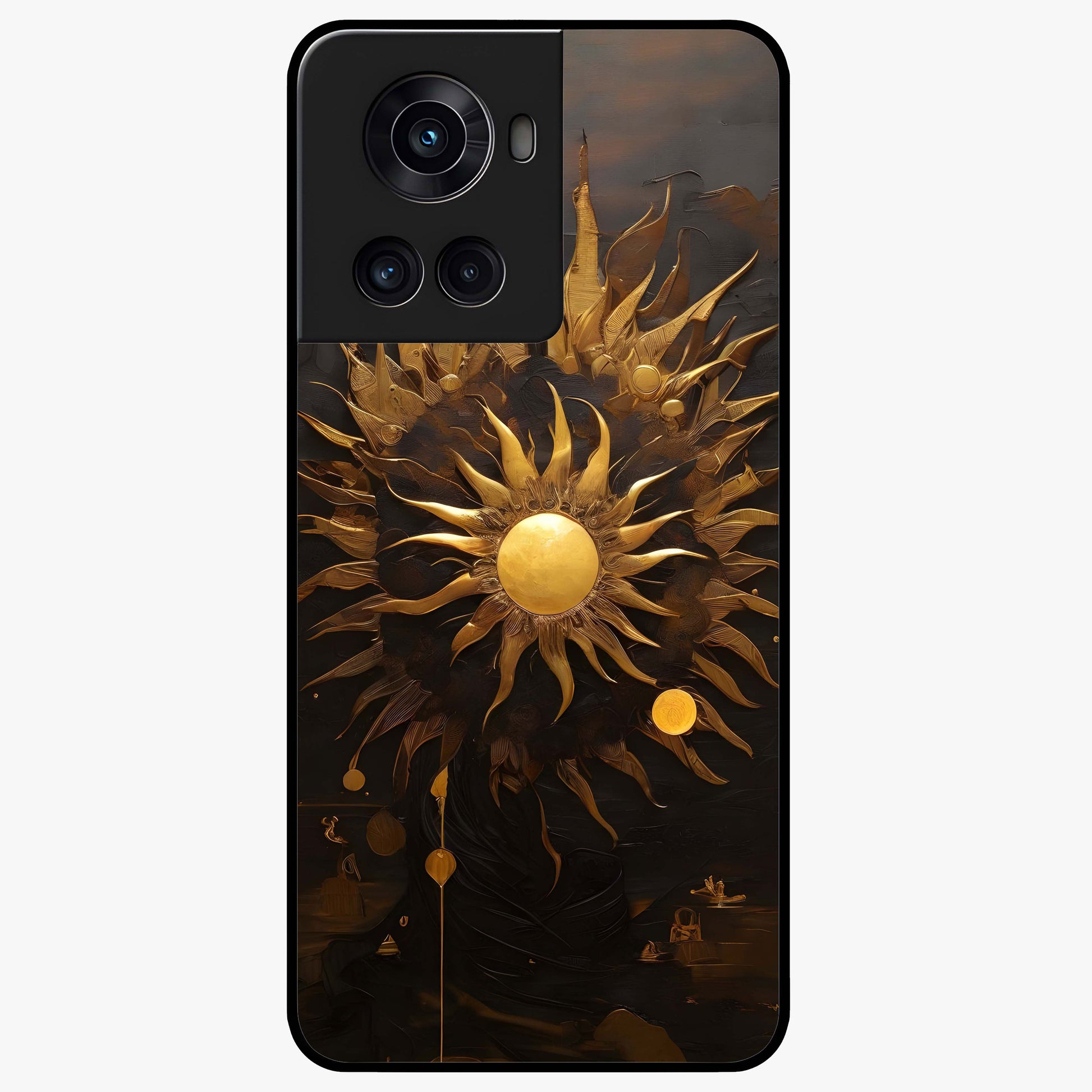 Golden Sun Minimalism Glass Case for 1+10R clean front view featuring minimalist golden sun artwork