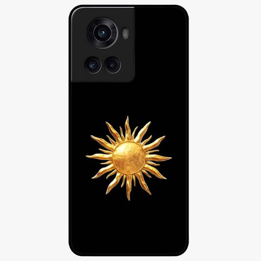Golden Wave Rise Glass Case for 1+10R dynamic front view featuring flowing wave artwork in golden tones