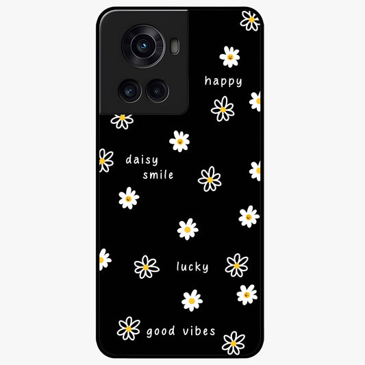 Good Vibes Daisy Black Pattern Glass Case for 1+10R stylish front view featuring white daisy artwork on black background