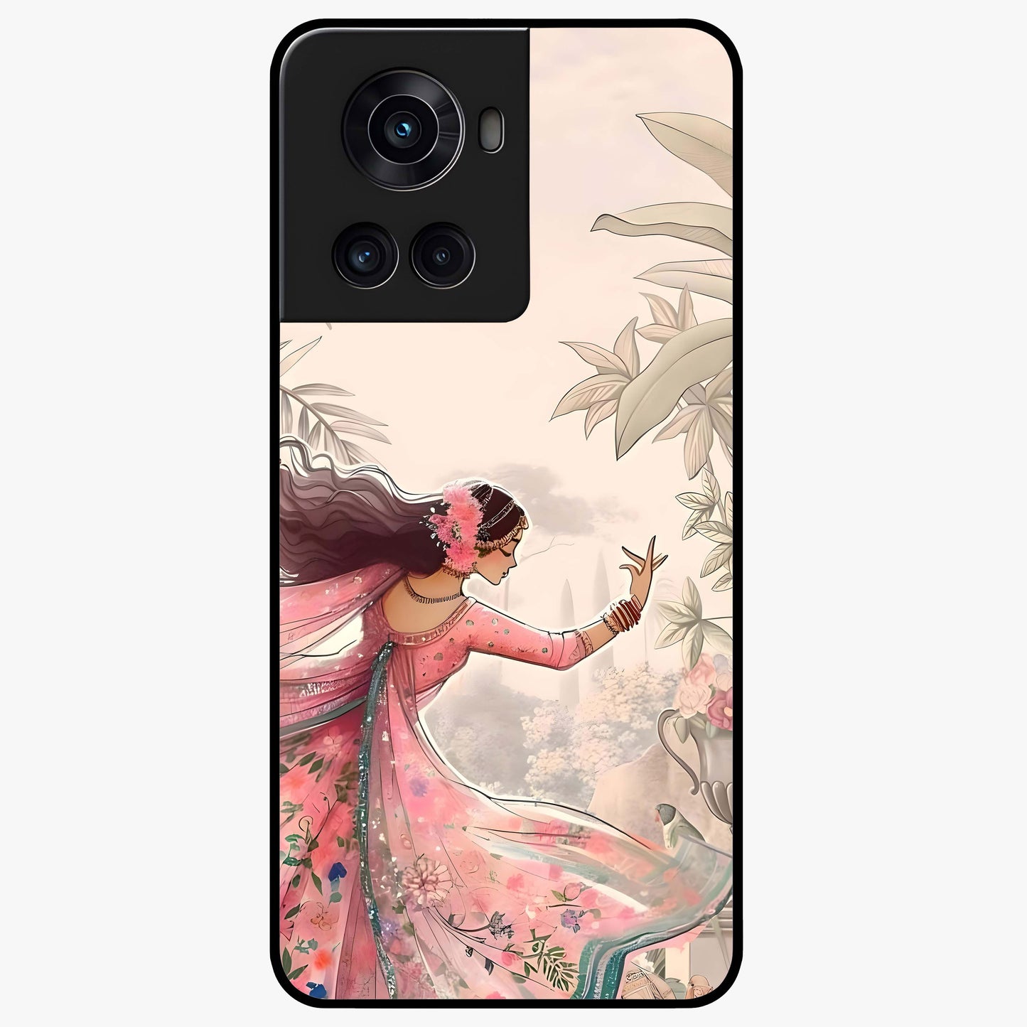 Graceful Garden Rhythm Glass Case for 1+10R elegant front view featuring flowing floral garden artwork