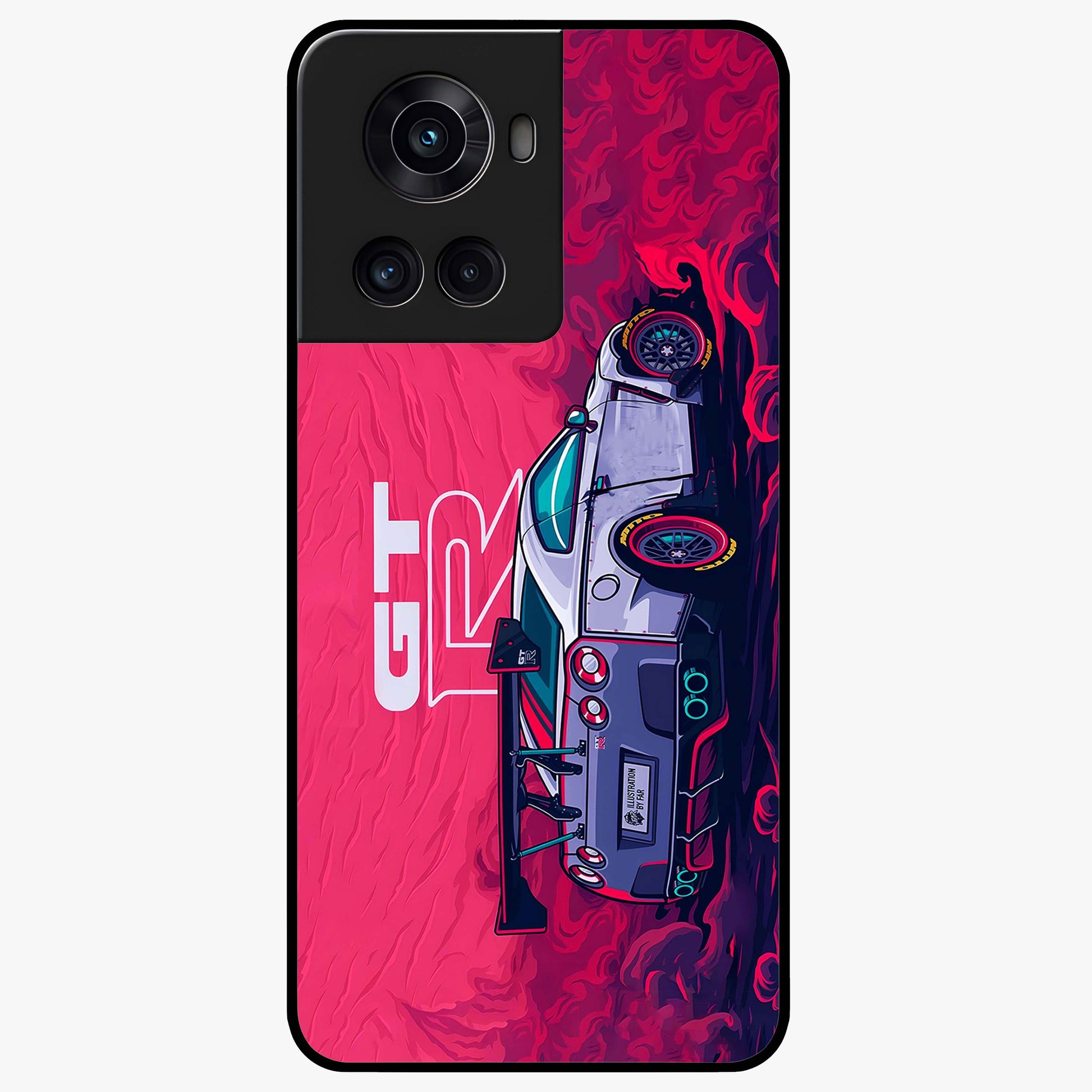 Gt R Car Pattern Glass Case for 1+10R bold front view featuring performance car inspired pattern artwork