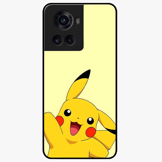 Happy Electric Pikachu Glass Case for 1+10R energetic front view featuring electric themed cartoon artwork
