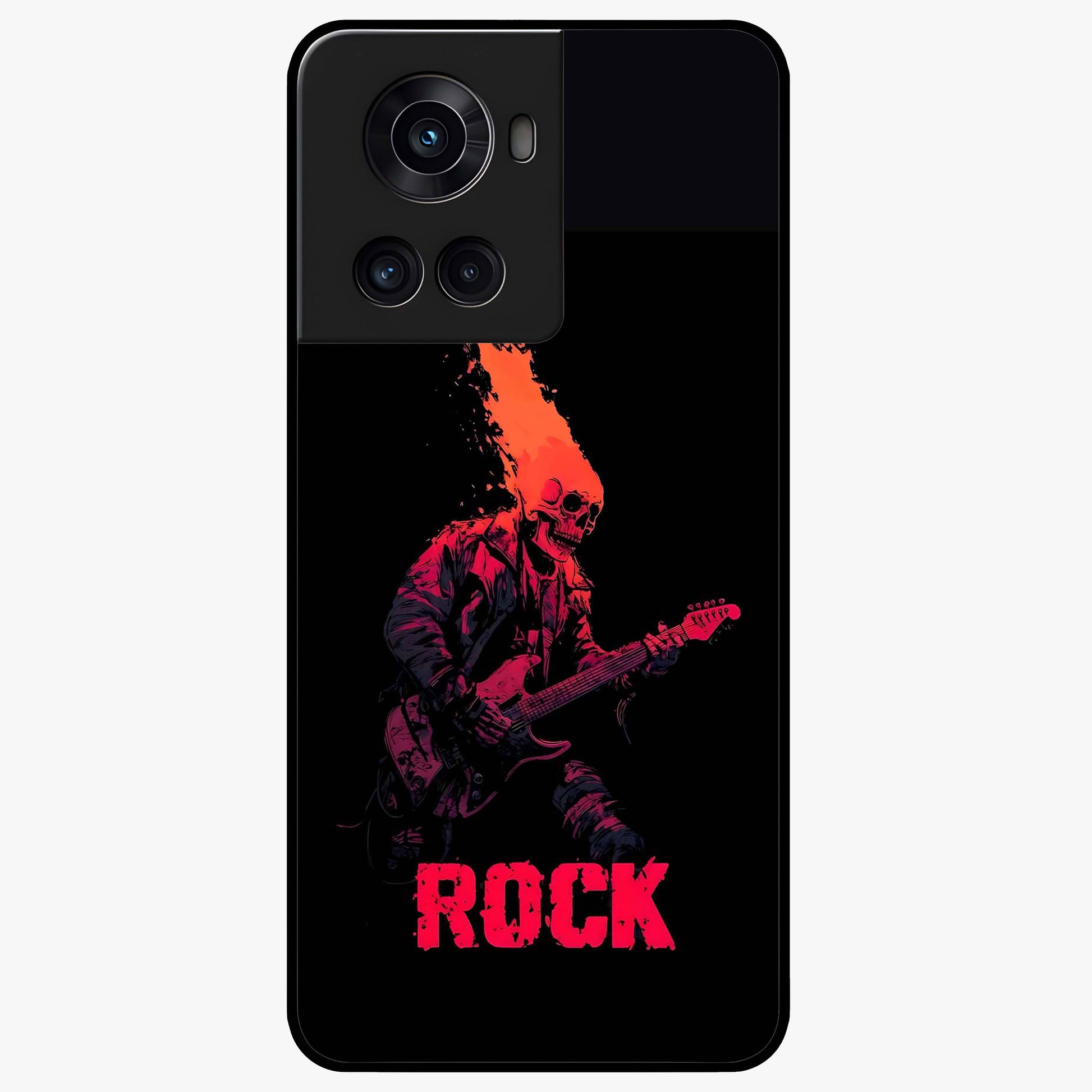 Hellfire Rock Anthem Glass Case for 1+10R showing full back design in clean flat view with fiery rock-inspired artwork and glossy glass finish.