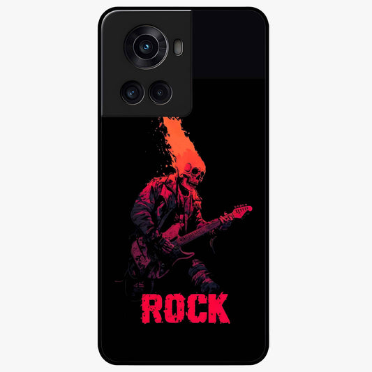 Hellfire Rock Anthem Glass Case for 1+10R showing full back design in clean flat view with fiery rock-inspired artwork and glossy glass finish.