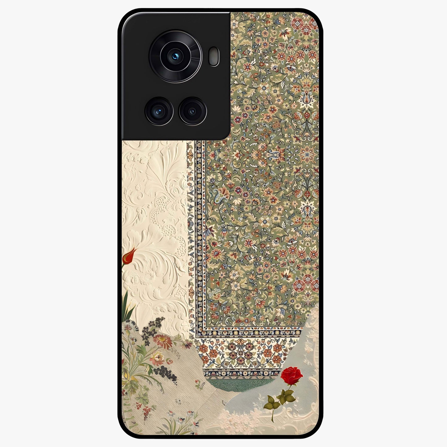 Heritage Textile Layers Glass Case for 1+10R showing full back design in clean flat view with layered textile-inspired artwork and glossy glass finish.