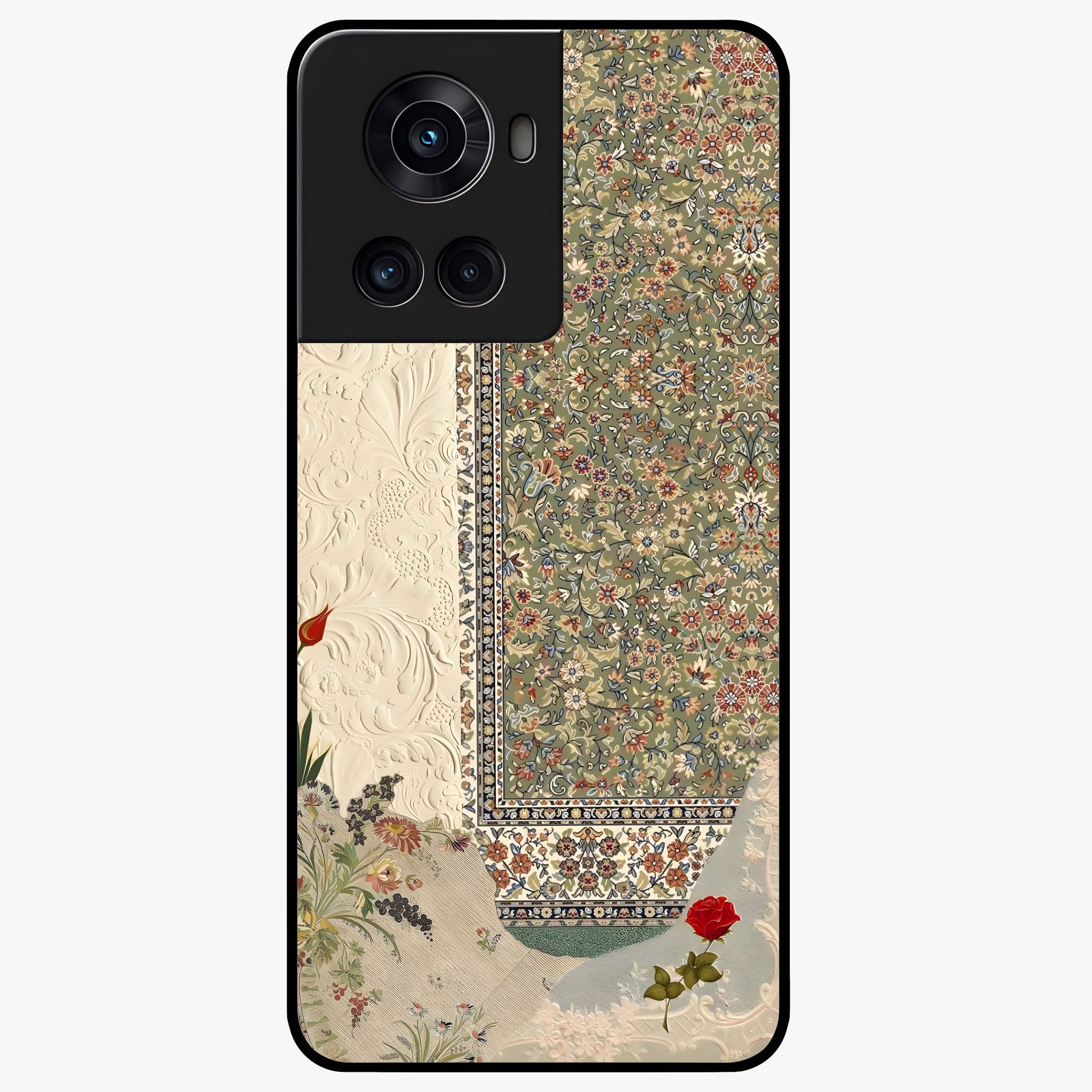 Heritage Textile Layers Glass Case for 1+10R showing full back design in clean flat view with layered textile-inspired artwork and glossy glass finish.