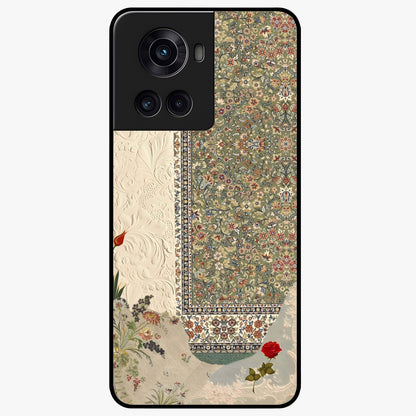 Heritage Textile Layers Glass Case for 1+10R showing full back design in clean flat view with layered textile-inspired artwork and glossy glass finish.