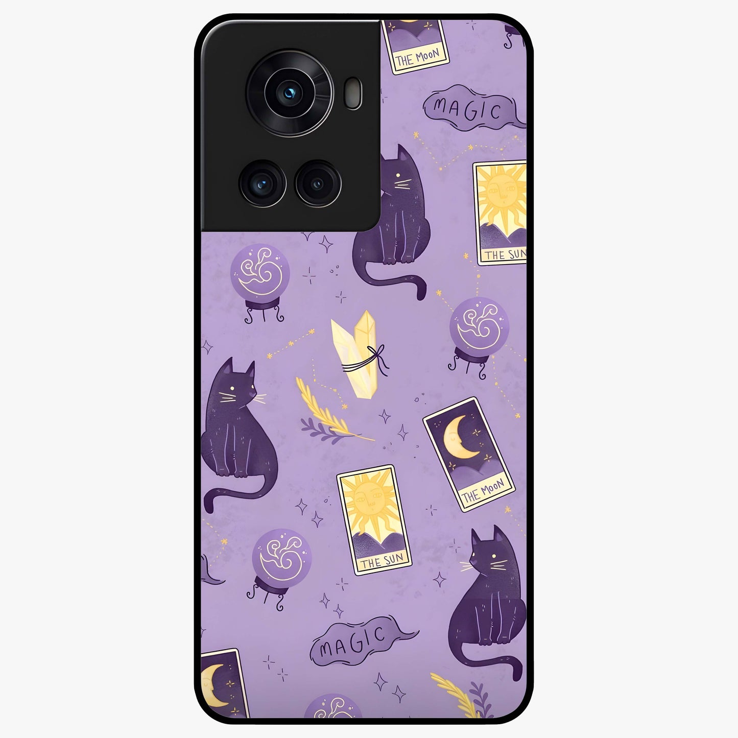 Humble Magic Cats Glass Case for 1+10R showing full back design in clean flat view with whimsical cat artwork and glossy glass finish.