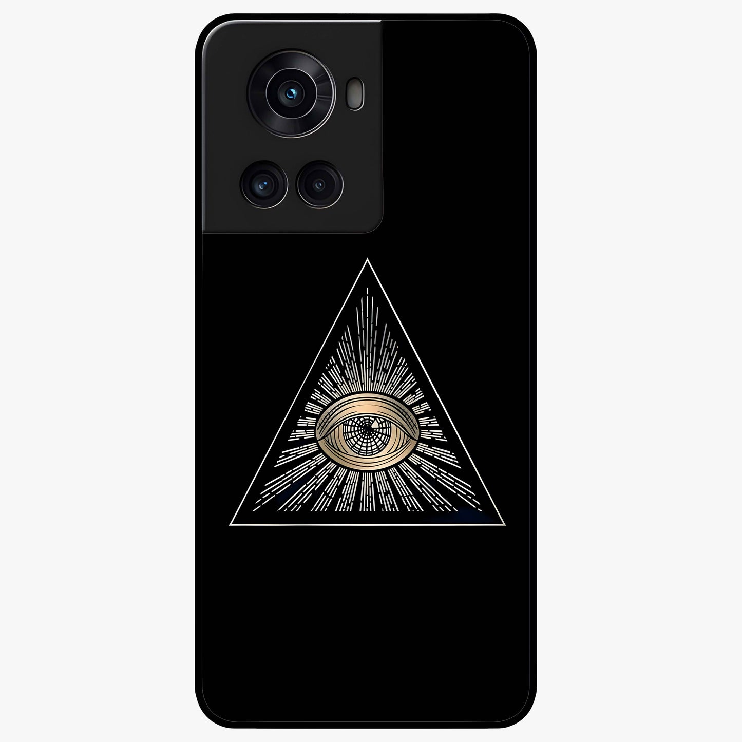 Illuminati Evil Glass Case for 1+10R showing full back design in clean flat view with bold symbolic artwork and glossy glass finish.