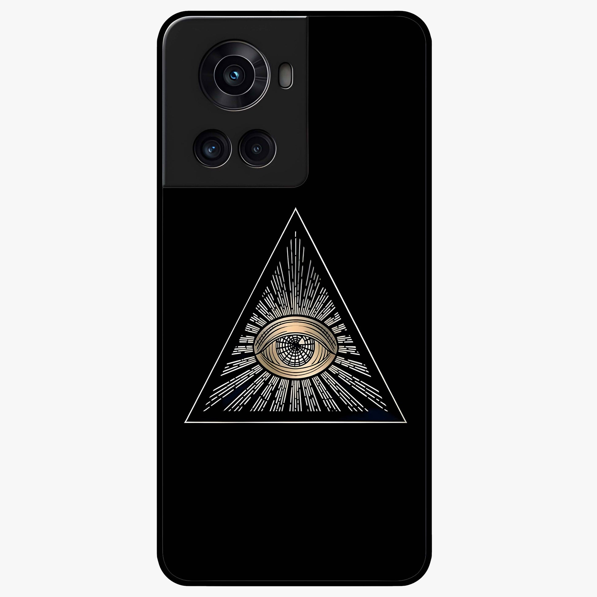 Illuminati Evil Glass Case for 1+10R showing full back design in clean flat view with bold symbolic artwork and glossy glass finish.
