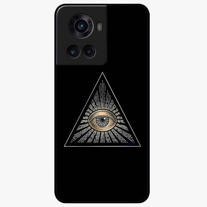 Illuminati Evil Glass Case for 1+10R showing full back design in clean flat view with bold symbolic artwork and glossy glass finish.