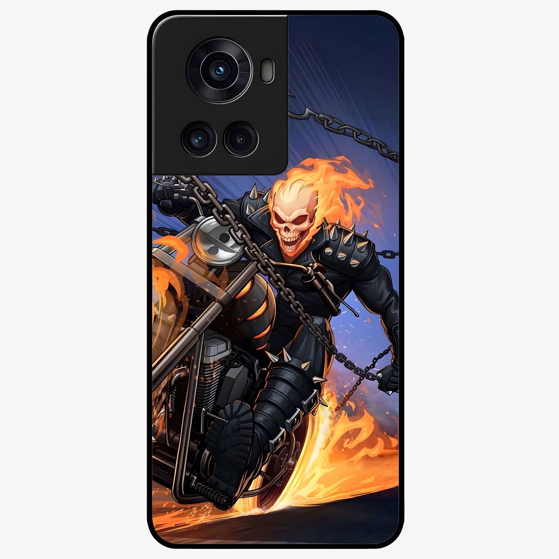 Inferno Chain Rider Glass Case for 1+10R showing full back design in clean flat view with fiery chain rider artwork and glossy glass finish.