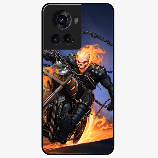 Inferno Chain Rider Glass Case for 1+10R showing full back design in clean flat view with fiery chain rider artwork and glossy glass finish.