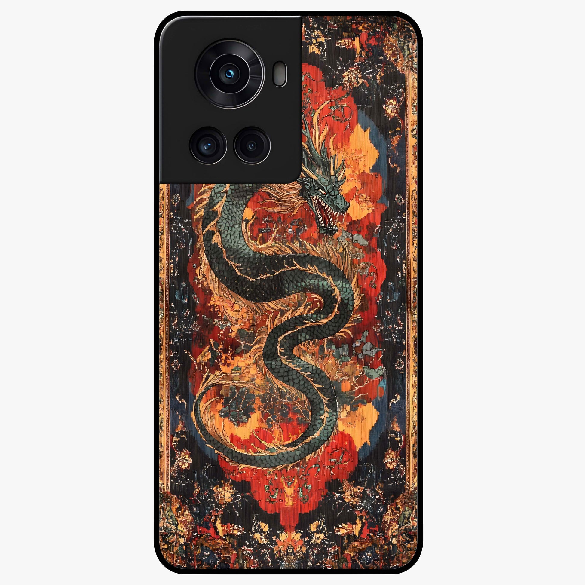 Inferno Dragon Soul Glass Case for 1+10R showing full back design in clean flat view with blazing dragon artwork and glossy glass finish.