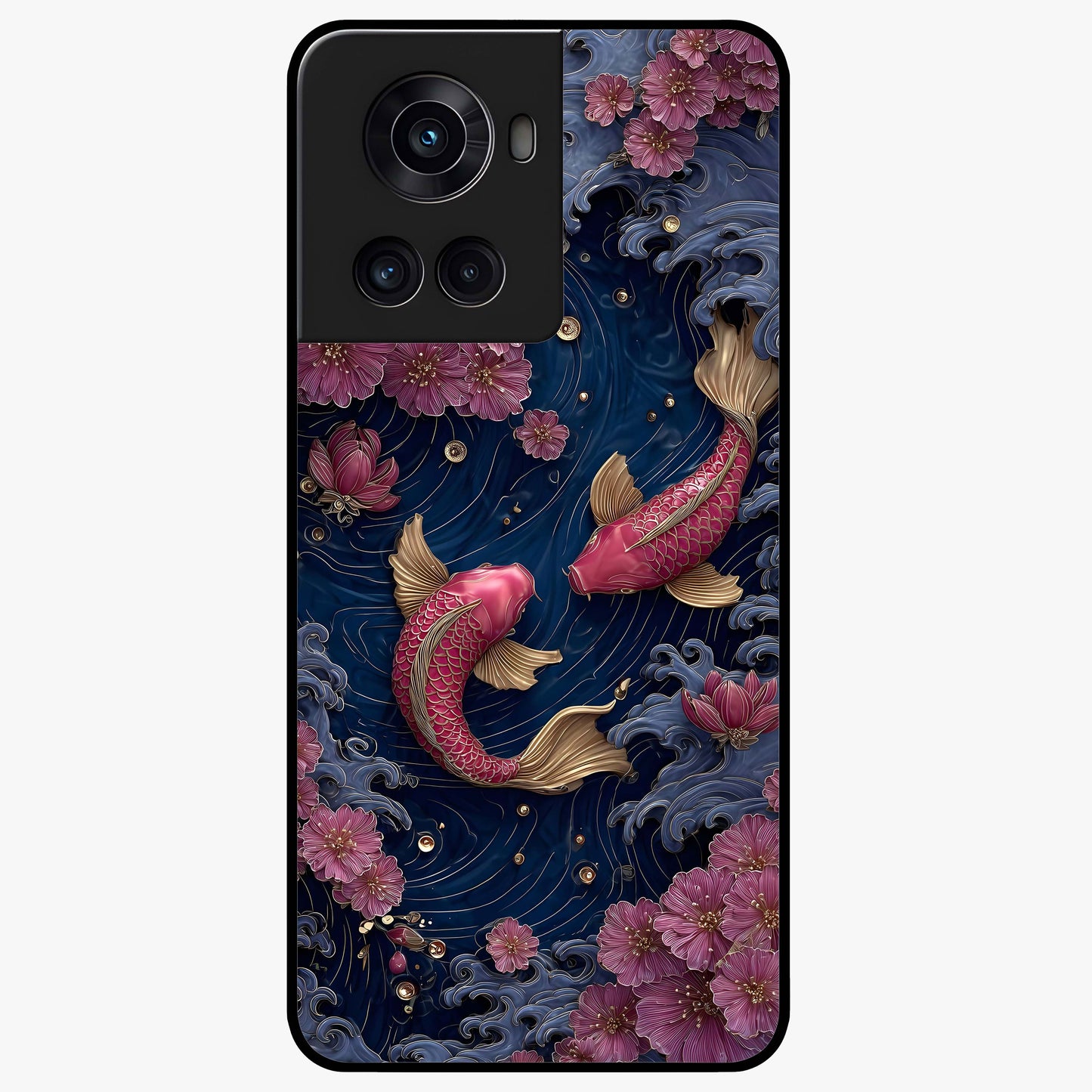 Koi Wave Dance Glass Case for 1+10R artistic front view featuring flowing koi fish artwork with wave patterns