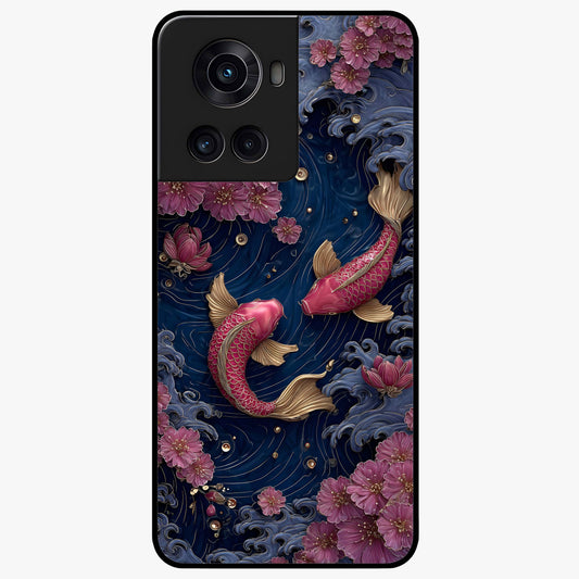 Koi Wave Dance Glass Case for 1+10R artistic front view featuring flowing koi fish artwork with wave patterns