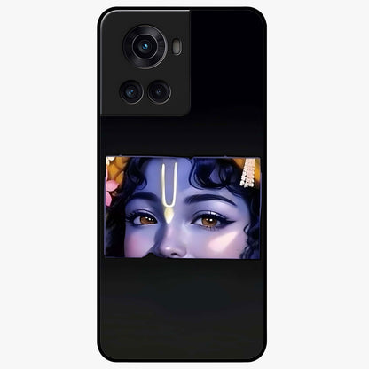 Krishna Divine Embrace Glass Case for 1+10R serene front view featuring devotional Krishna inspired artwork