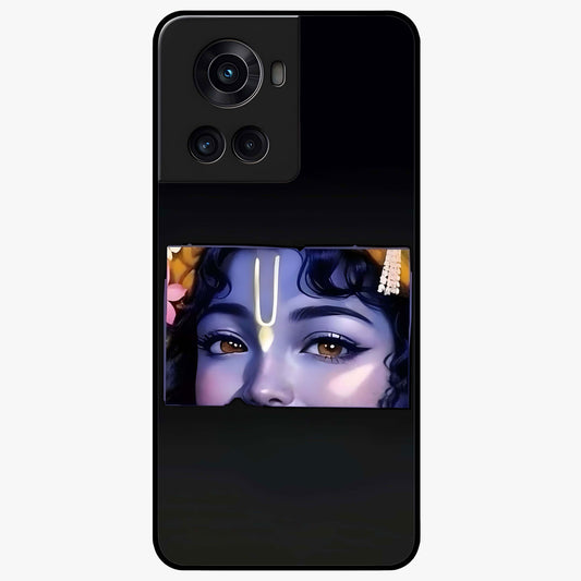 Krishna Divine Embrace Glass Case for 1+10R serene front view featuring devotional Krishna inspired artwork