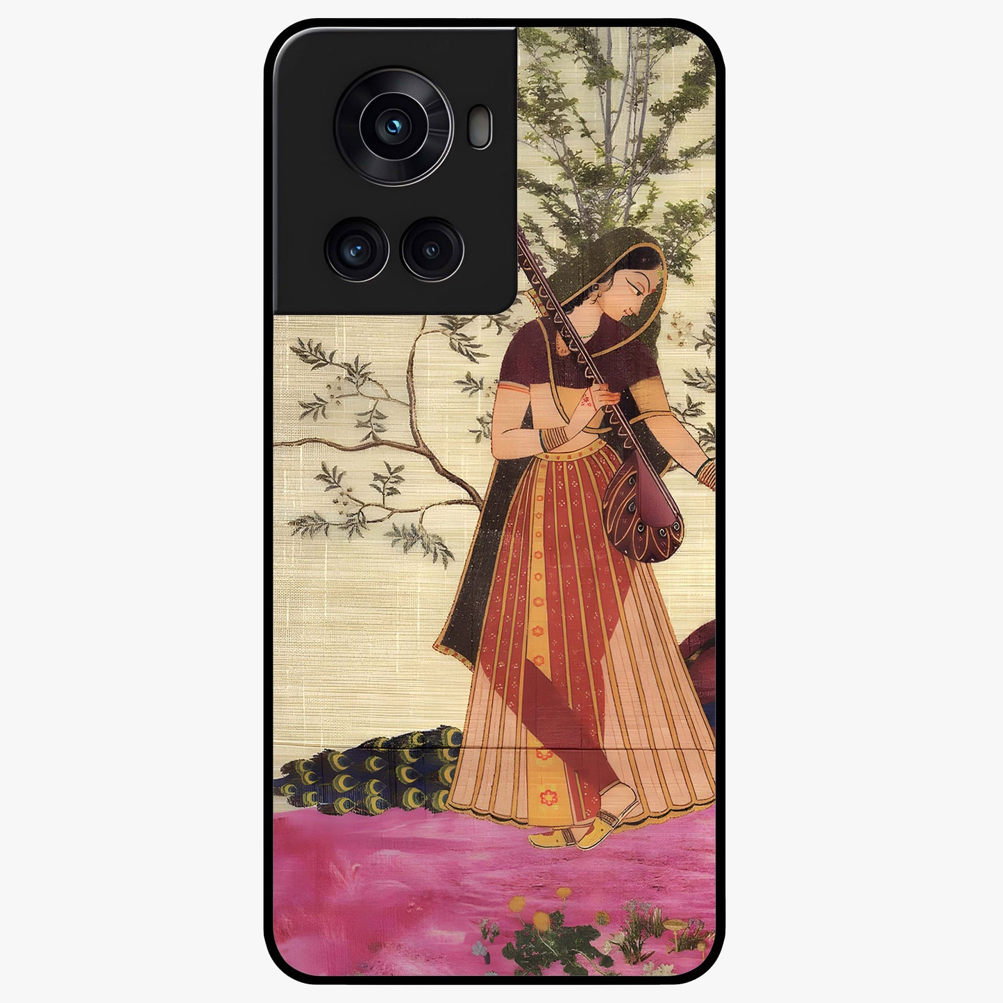 Lady With Veena Art Glass Case for 1+10R elegant front view featuring classical musical inspired artwork