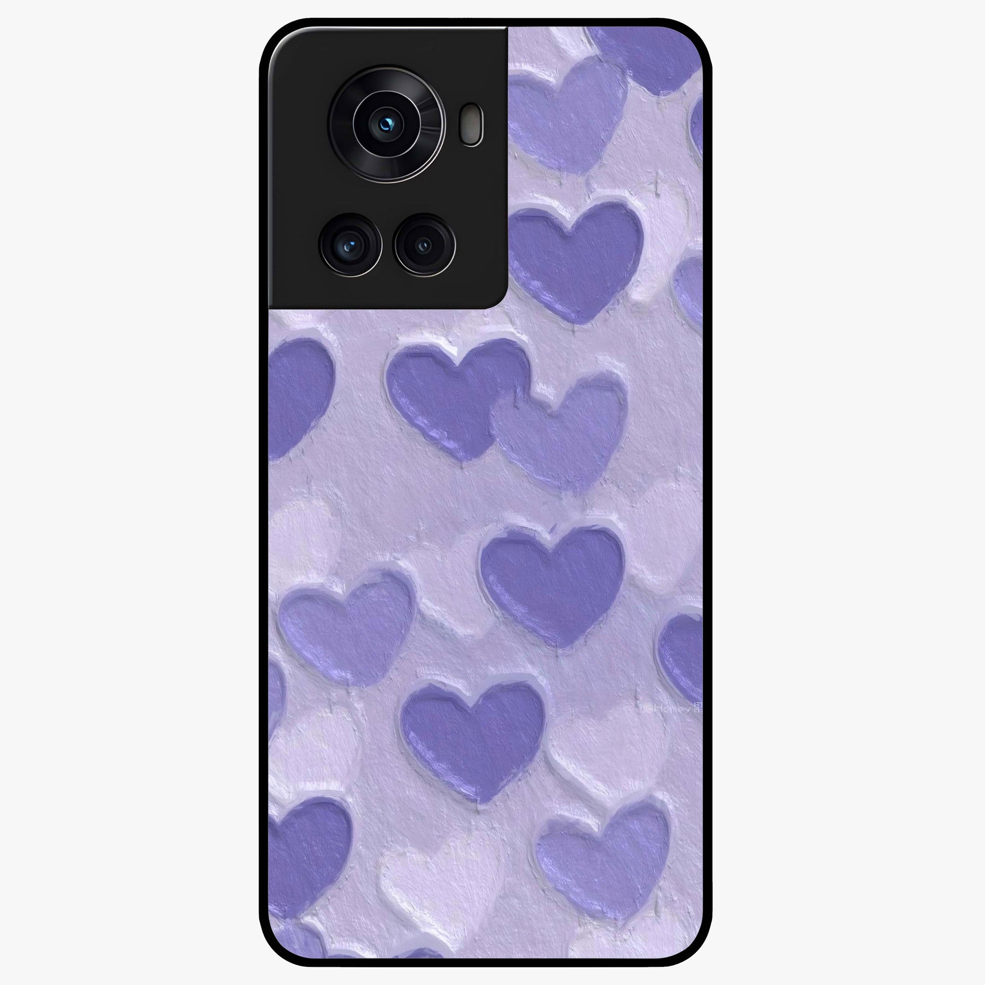 Lavender Paper Hearts Glass Case for 1+10R cute front view featuring layered heart artwork in soft lavender tones