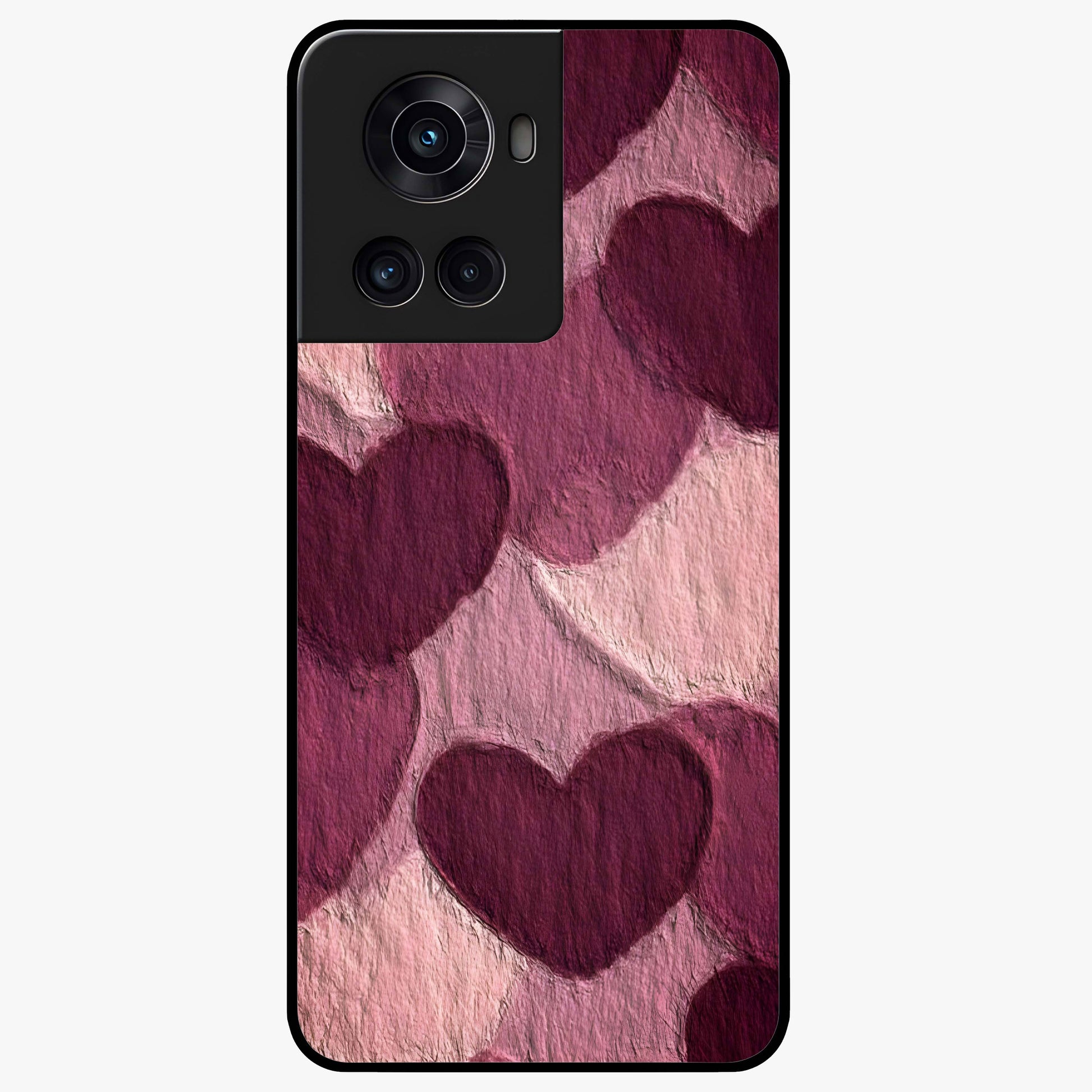Layered Paper Hearts Glass Case for 1+10R charming front view featuring dimensional paper style heart artwork