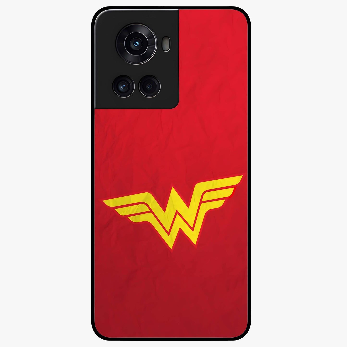 Legendary Wonder Power Glass Case for 1+10R dynamic front view featuring bold superhero inspired artwork