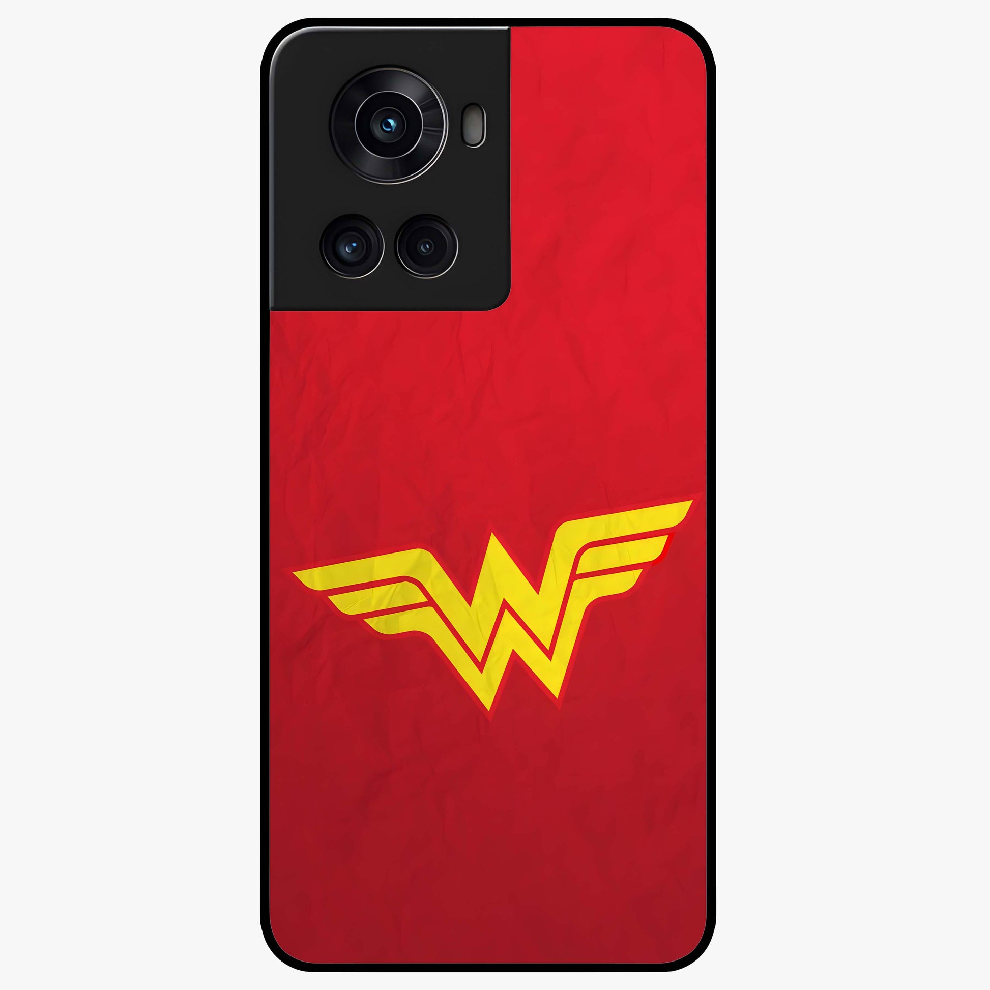 Legendary Wonder Power Glass Case for 1+10R dynamic front view featuring bold superhero inspired artwork