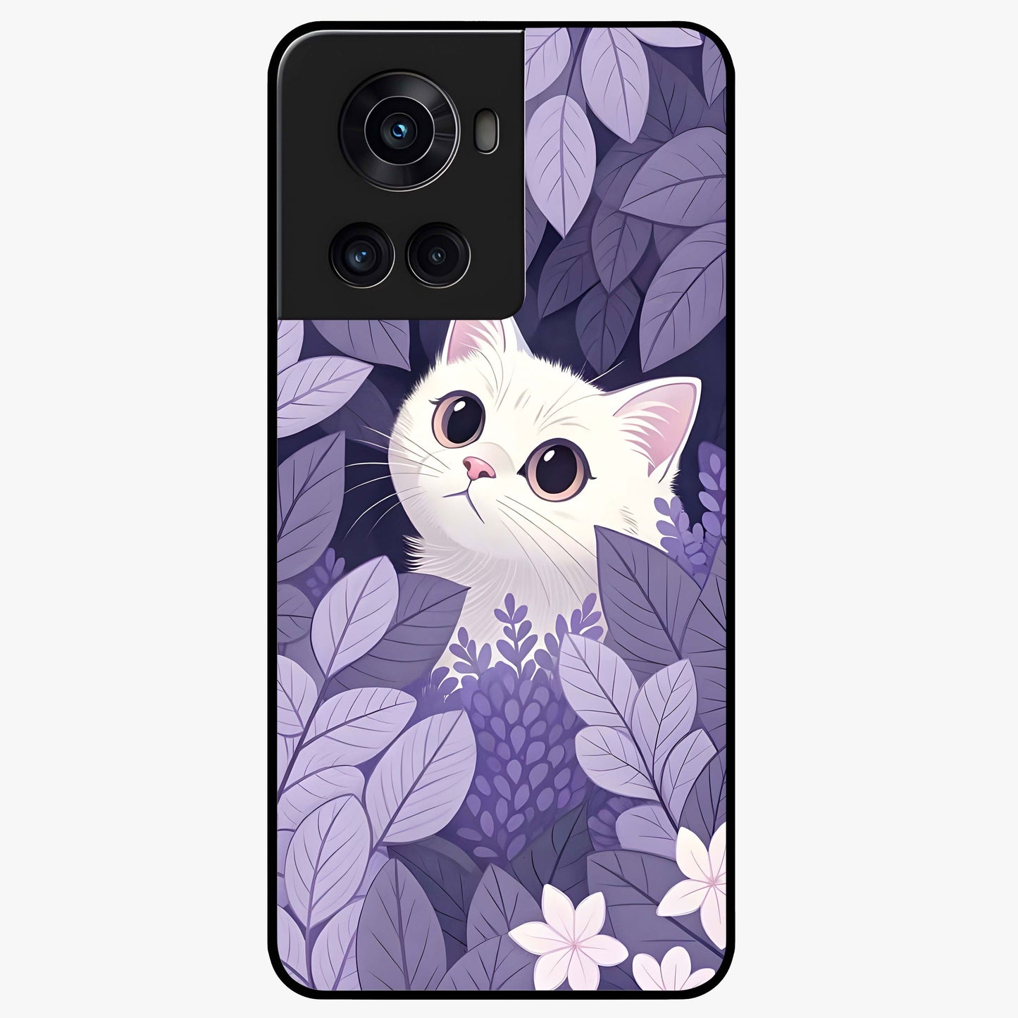 Lilac Hide Peek Cat Glass Case for 1+10R adorable front view featuring playful cat artwork in lilac tones