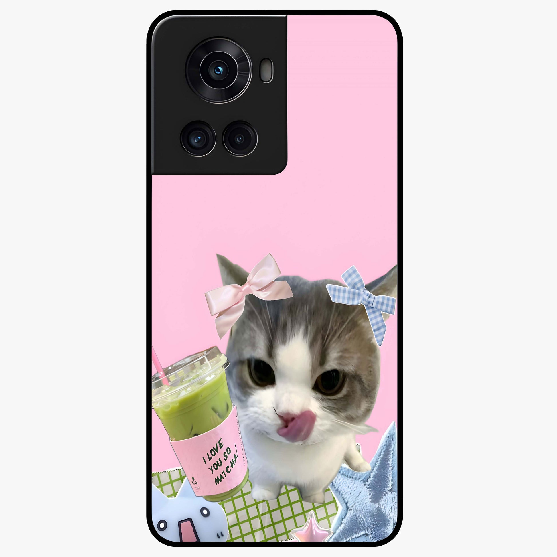Love Matcha Cat Glass Case for 1+10R adorable front view featuring cute cat artwork with matcha theme