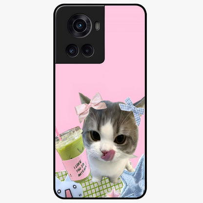 Love Matcha Cat Glass Case for 1+10R adorable front view featuring cute cat artwork with matcha theme