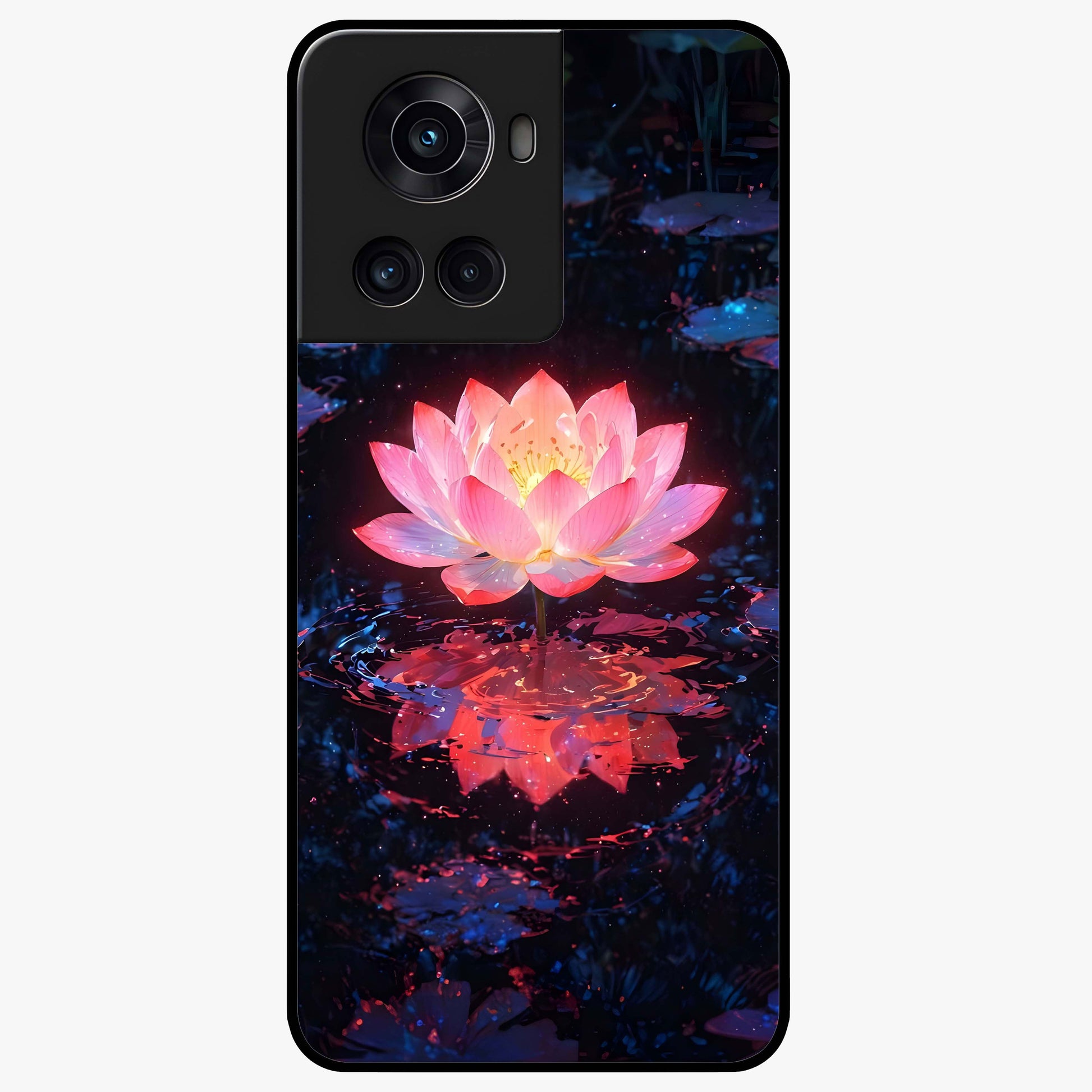 Luminous Lotus Glow Glass Case for 1+10R radiant front view featuring glowing lotus artwork