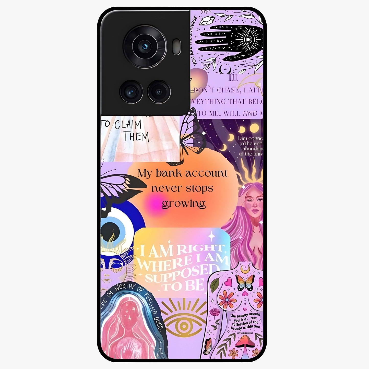 Manifestation Collage Glass Case for 1+10R creative front view featuring aesthetic vision board collage artwork
