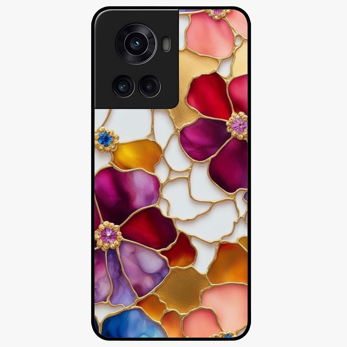 Marble Flower Pattern Glass Case for 1+10R stylish front view featuring floral artwork blended with marble texture