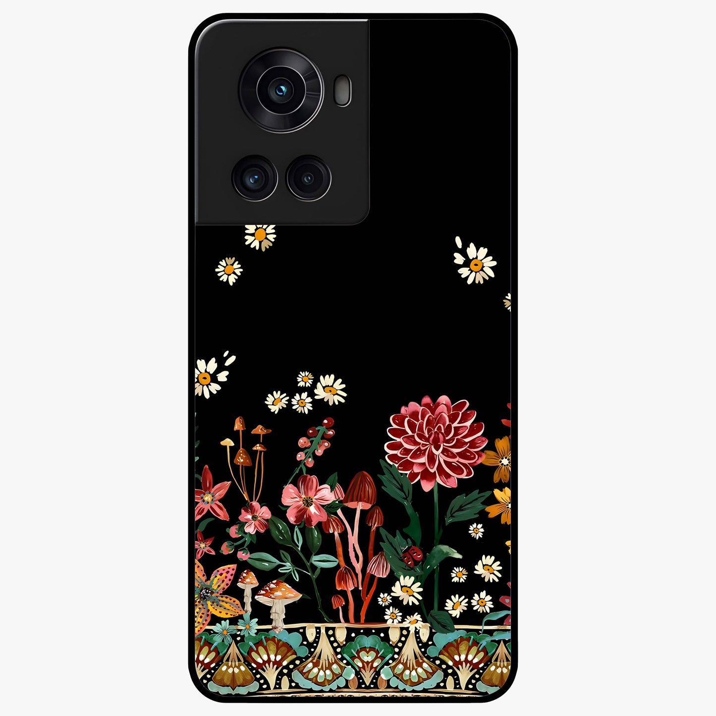 Midnight Bloom Pattern Glass Case for 1+10R elegant front view featuring floral artwork on deep night background