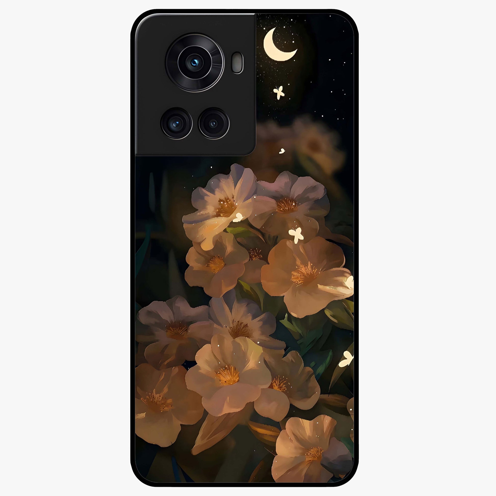 Midnight Bloom Trail Glass Case for 1+10R artistic front view featuring flowing floral trail artwork in dark tones