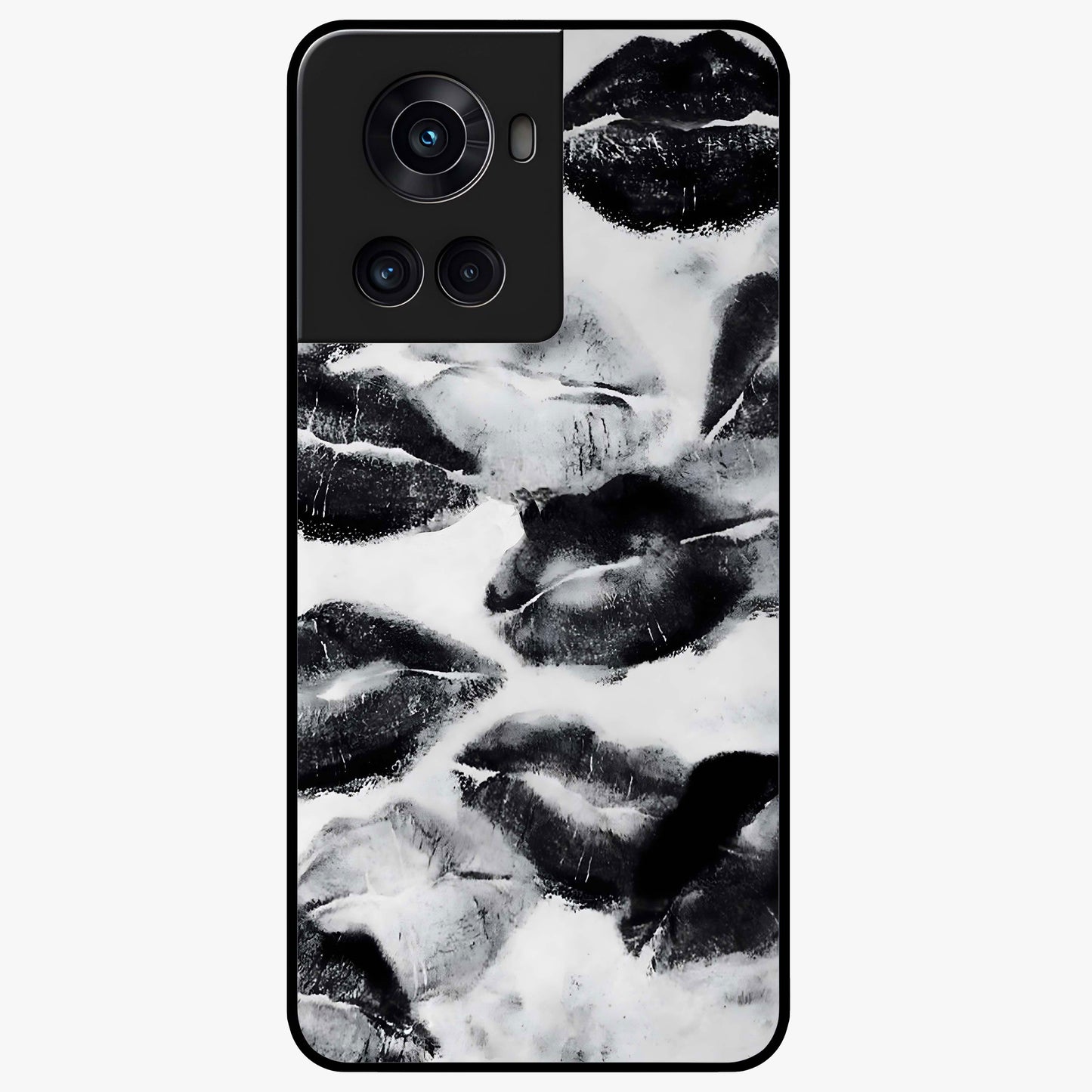 Midnight Kiss Marks Glass Case for 1+10R bold front view featuring romantic kiss mark artwork on dark background