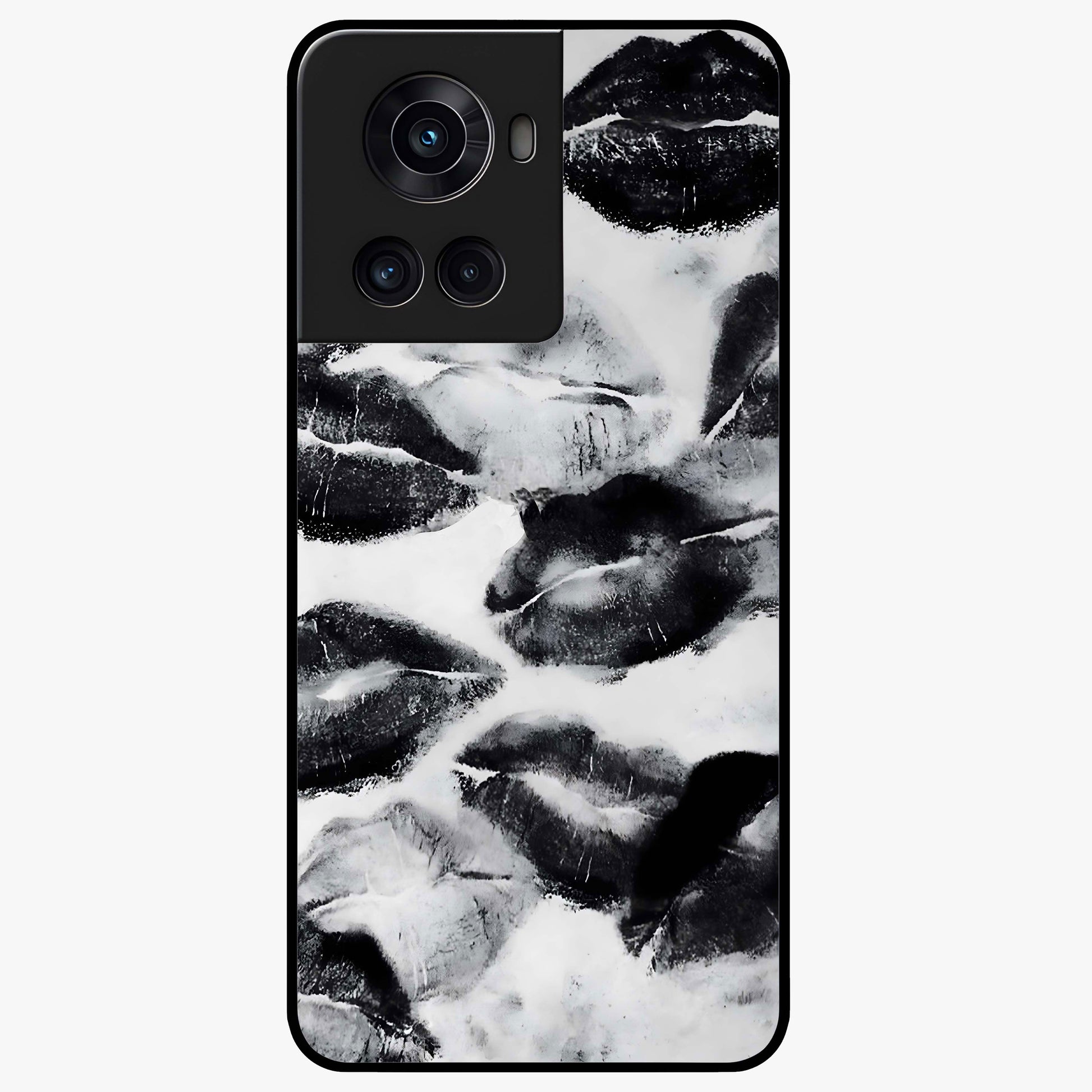 Midnight Kiss Marks Glass Case for 1+10R bold front view featuring romantic kiss mark artwork on dark background