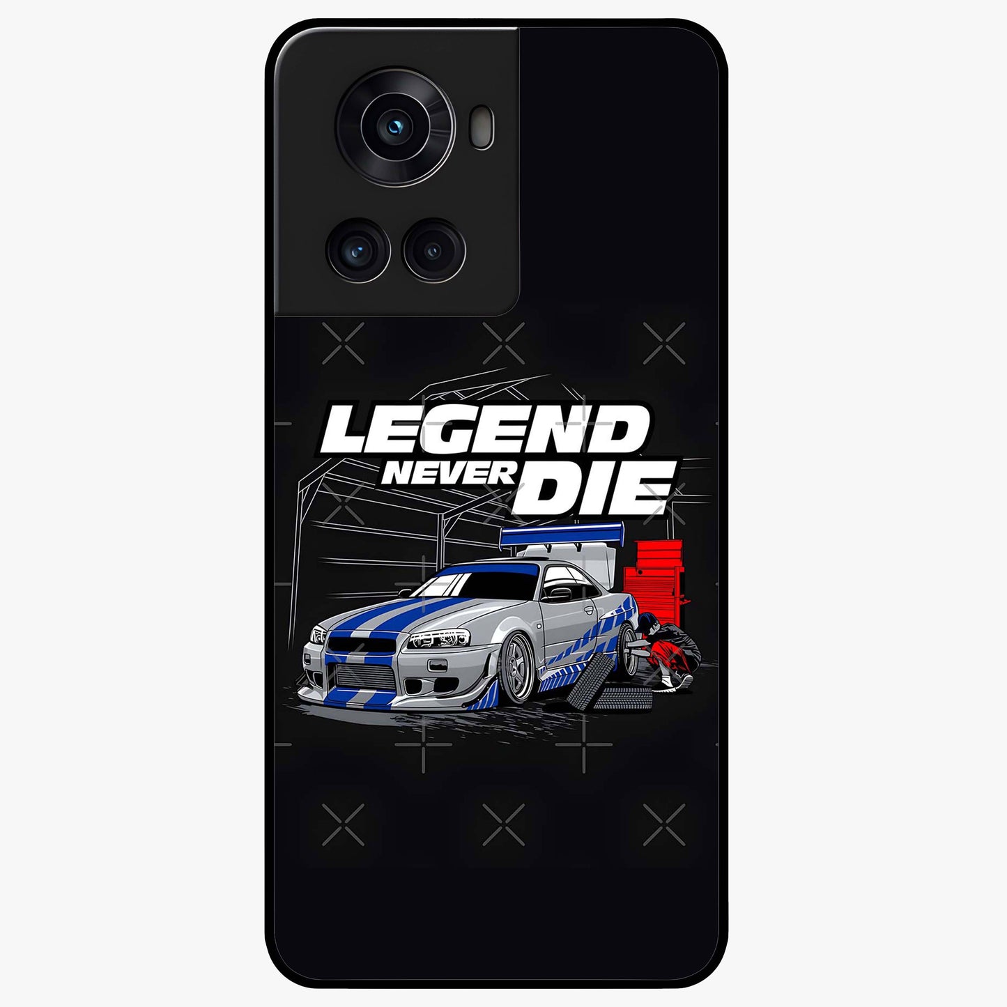 Midnight Racing Legacy Glass Case for 1+10R bold front view featuring racing inspired artwork in dark tones