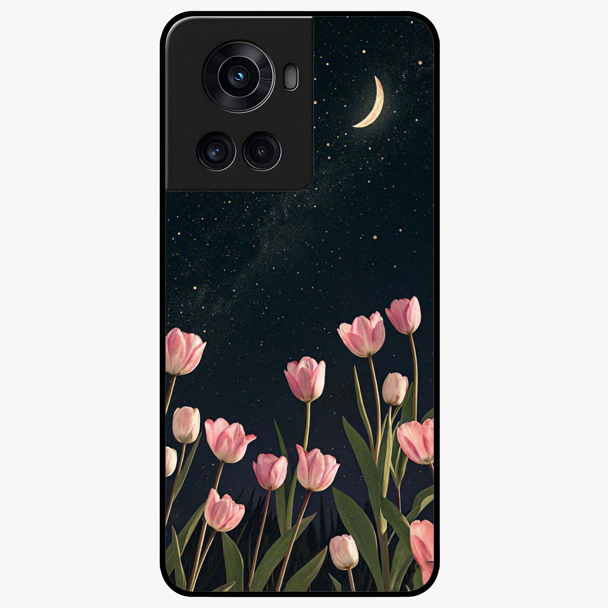Midnight Tulip Whispers Vibe Glass Case for 1+10R elegant front view featuring tulip floral artwork on dark background