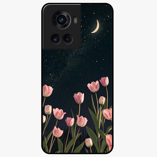 Midnight Tulip Whispers Vibe Glass Case for 1+10R elegant front view featuring tulip floral artwork on dark background