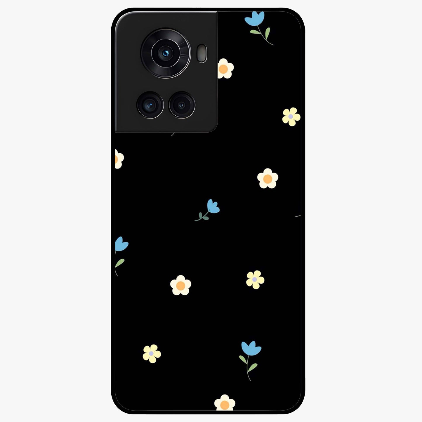 Minimalistic Blue With White Flower Pattern Glass Case for 1+10R fresh front view featuring white floral artwork on blue background